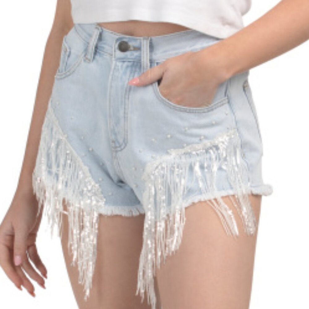 On Twelfth Sequin & Pearl Embellished Denim Shorts Light Wash Light Indigo Small - Picture 2 of 9